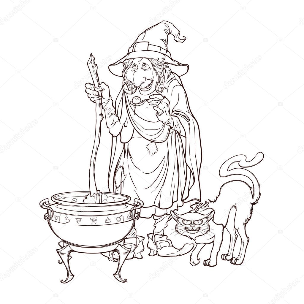 Old witch in a cone hat with her black cat brewing a magic potion in a cauldron. Halloween cartoon style character. Black and whitelinear drawing isolated on a white background. EPS10 vector
