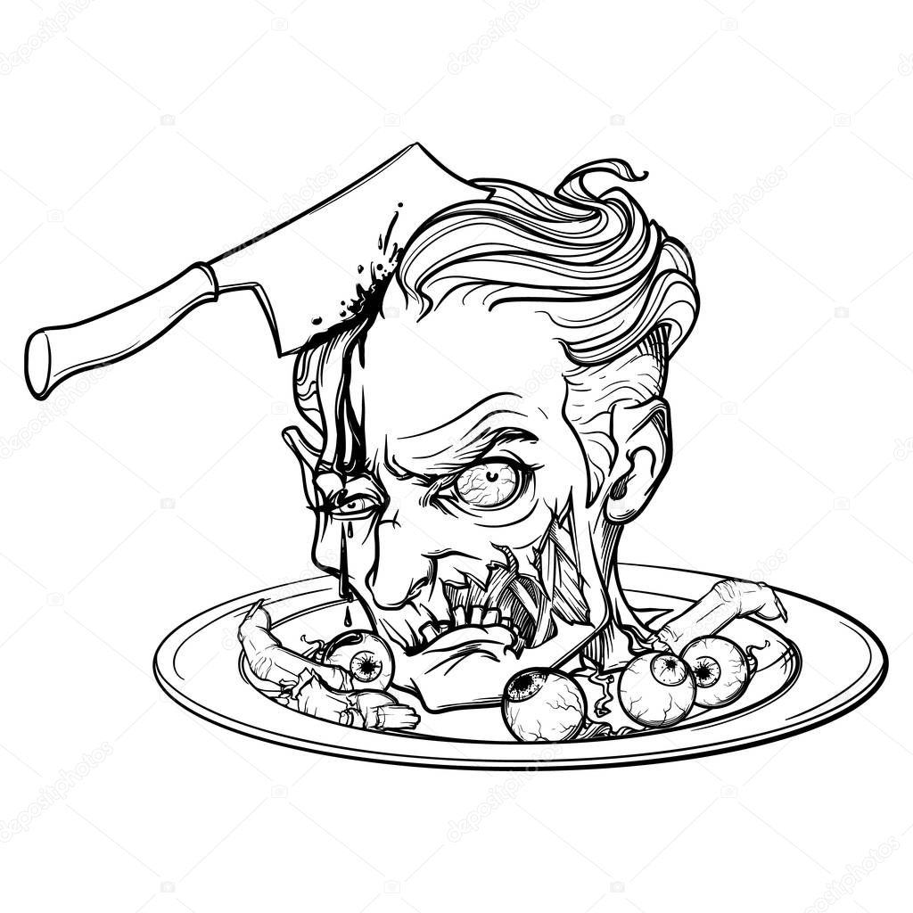 Cartoon zombie head served on a dish with eyeballs and fingers. Halloween cleepart. Black linear drawing isolated on a white background.