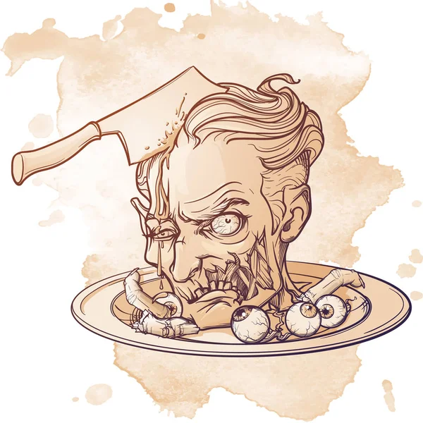 Мультяшная голова зомби подается на блюде с глазами и пальцами. Хэллоуинский клевер. Линейный рисунок монохромный затененный и изолированный на фоне сепии гранжа . — стоковый вектор