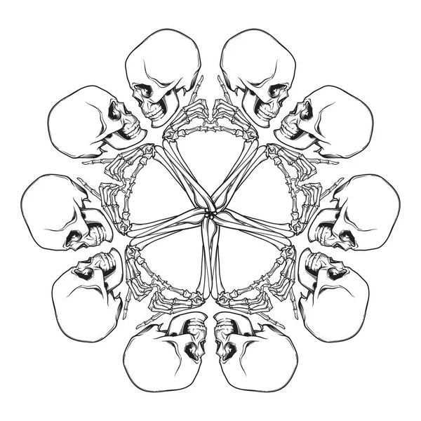Halloween Mandala. Mänskliga handen skelett och dödskallar ordnade i en intrikat gotiska cirkulär prydnad — Stock vektor