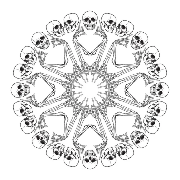 Mandala de Halloween. Huesos y cráneos de manos humanas dispuestos en un intrincado ornamento circular gótico — Vector de stock