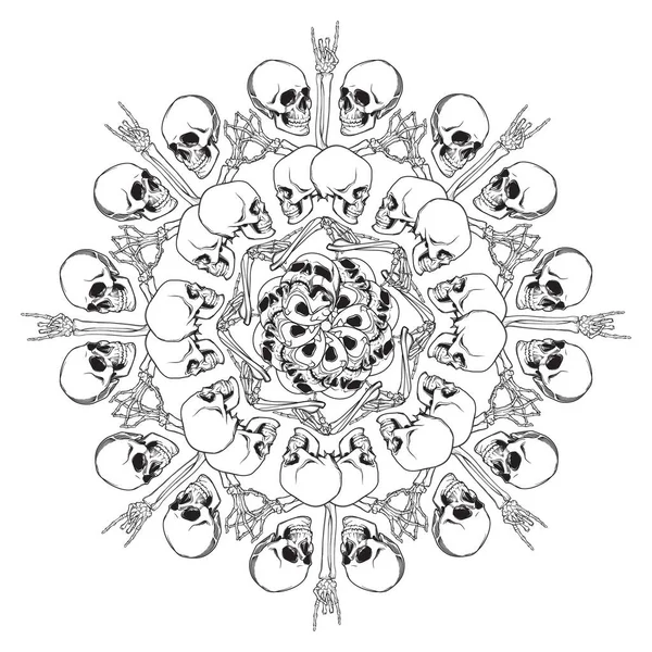 Mandala de Halloween. Huesos y cráneos de manos humanas dispuestos en un intrincado ornamento circular gótico — Vector de stock