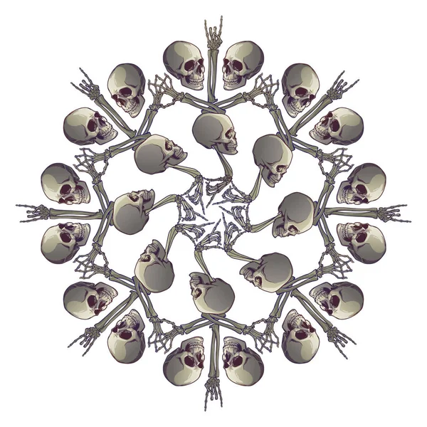 Mandala de Halloween. Huesos y cráneos de manos humanas dispuestos en un intrincado ornamento circular gótico — Vector de stock