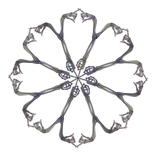 Halloween Mandala. Human hand bones and skulls arranged in an intricate gothic circular ornament — Stock Vector