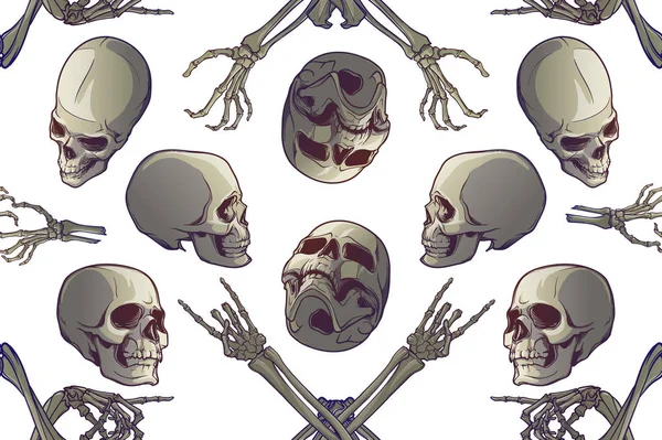 Patrón sin costura de Halloween. Huesos y calaveras de manos humanas en varios ángulos de visión — Vector de stock