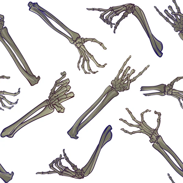Vzor bezešvé Halloween. Lidská ruka kosti v různá gesta. Chaotické distribuce prvků. — Stockový vektor