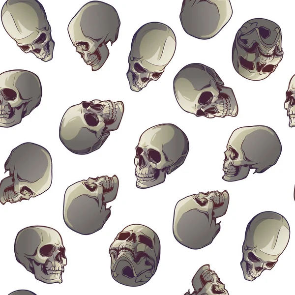 Halloween padrão sem costura. Crânios humanos em vários ângulos de visão. Isolado em fundo branco. Distribuição caótica dos elementos . —  Vetores de Stock