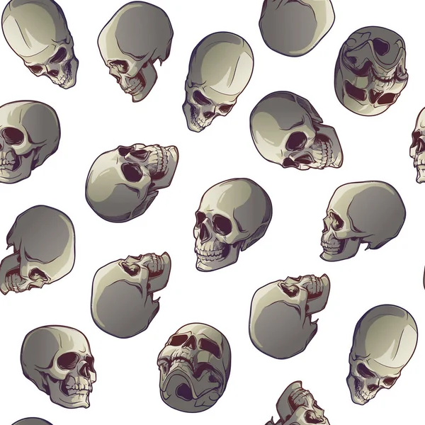 Patrón sin costura de Halloween. Calaveras humanas en varios ángulos de visión. Aislado sobre fondo blanco. Distribución caótica de elementos . — Vector de stock