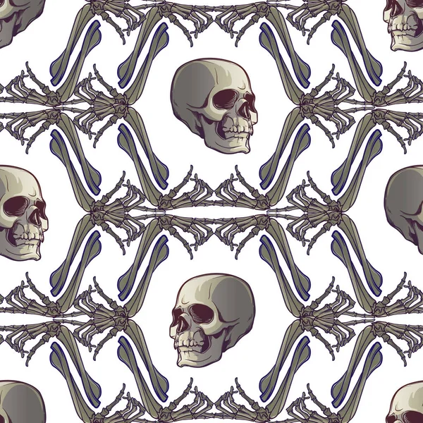 Patrón Sin Costura Halloween Huesos Humanos Manos Cráneos Ritmo Geométrico — Vector de stock