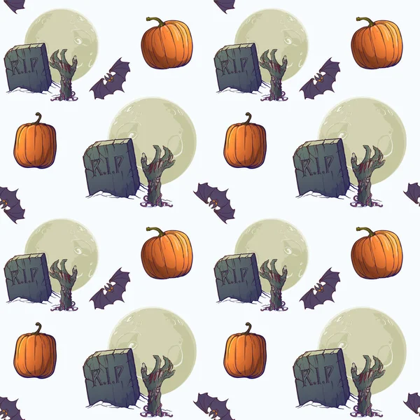 Halloween nahtloses Muster. Zombie-Hände, Grabsteine und Mond. Chaotische Verteilung der Elemente — Stockvektor