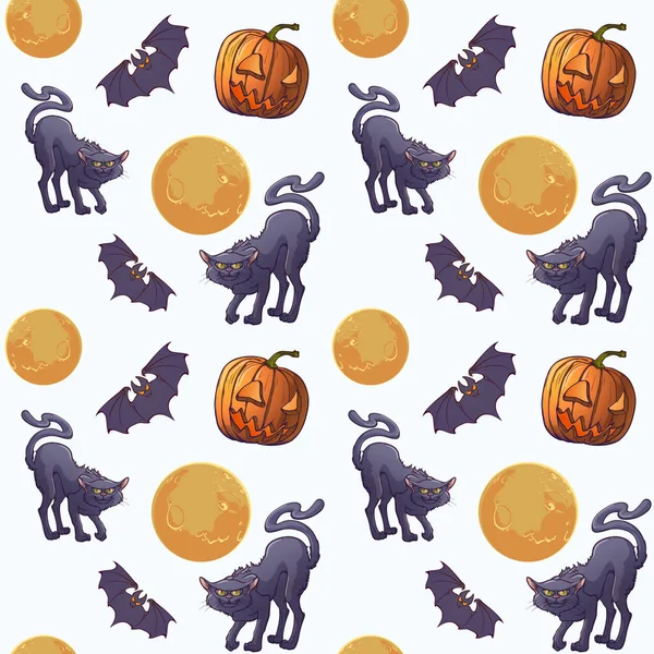 Halloween Seamless Pattern. Fekete macskák, denevérek és a Hold. függőleges ritmus. Elszigetelt fehér background. — Stock Vector