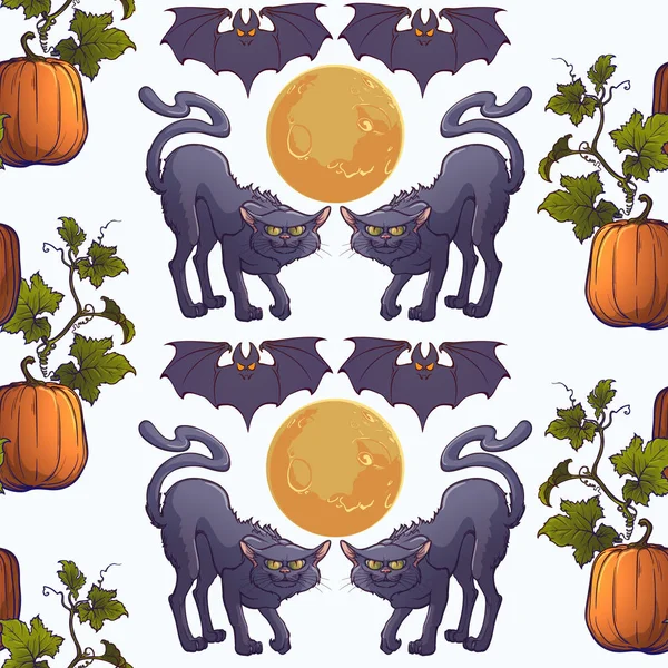 Halloween Seamless Pattern. Fekete macskák, denevérek és a Hold. függőleges ritmus. Elszigetelt fehér background. — Stock Vector