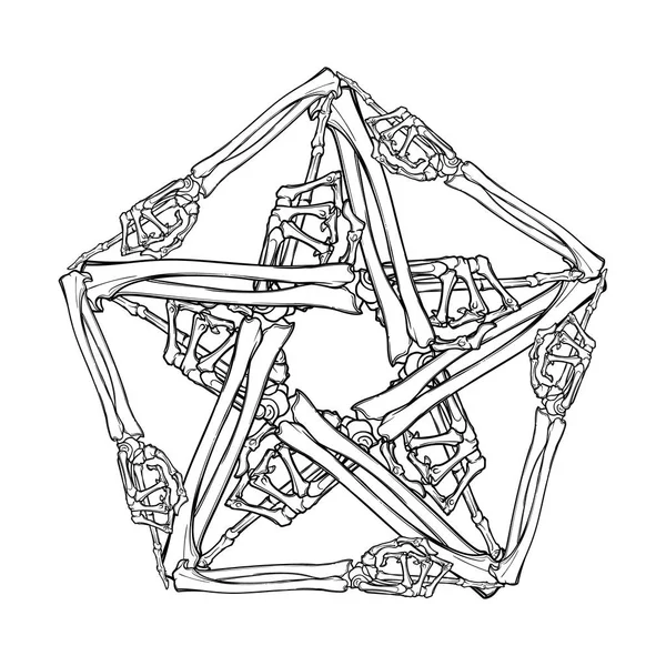 Пентаграмма на Хэллоуин. Кости рук человека выстроены в сложный готический оккультный орнамент. Татуировка дизайн. Изолированный на белом фоне . — стоковый вектор