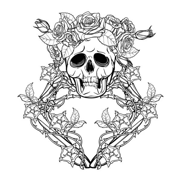Halloween Santa Muerte. Lidská lebka v růžových věnec a ruční kostí v šípkové girlandy. Mystický charakter. Tetování design. Izolované na bílém pozadí. — Stockový vektor