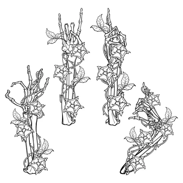 .Conjunto de mãos de esqueleto com vários gestos decorados com guirlandas de rosa de cão. Desenho linear colorido isolado sobre fundo branco . —  Vetores de Stock