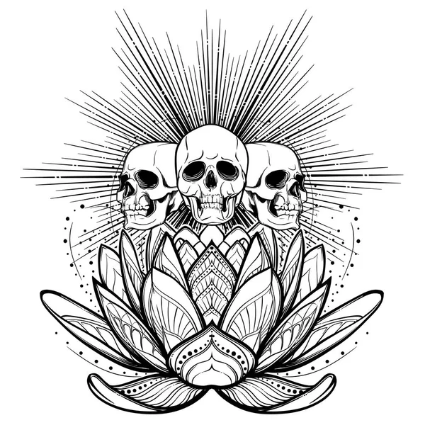 Spirito di Halloween. Teschi umani su un fiore di loto sacro con raggi di luce dietro. Disegno a mano intricato isolato su sfondo bianco. Design del tatuaggio . — Vettoriale Stock
