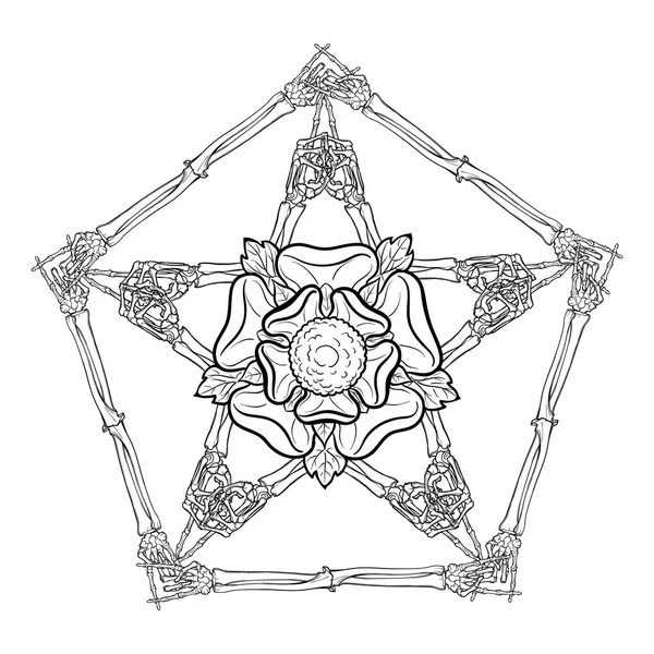 Пентаграмма на Хэллоуин. Кости рук человека выстроены в сложный готический оккультный орнамент со стилизованным цветочком розы в центре. Татуировка дизайн. Изолированный на белом фоне . — стоковый вектор