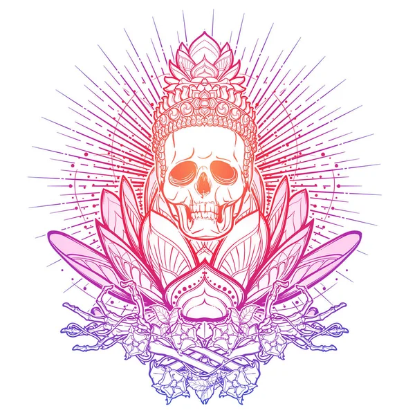 Meditating Skeleton. Human skull and hands on a sacred lotus flower. Trendy colored line drawing isolated on white background. Tattoo design. EPS10 vector illustration