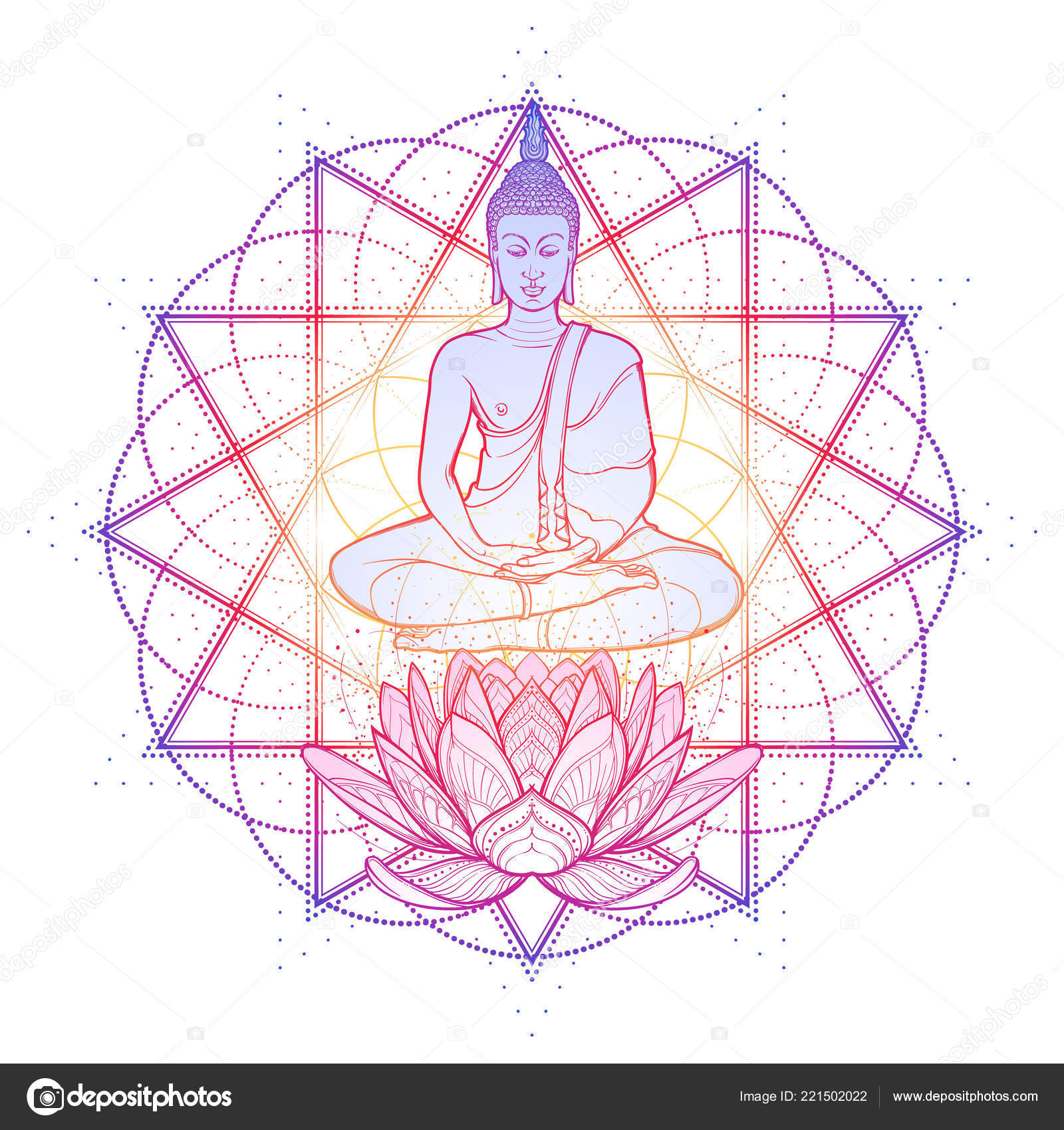 Buddha meditating in the single lotus position. Hexagram representing  anahata chakra in yoga on a background. Stock Vector Image by ©Aen_Seidhe  #221502022