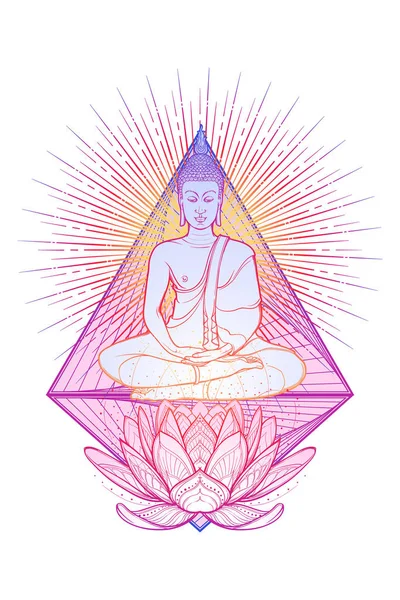 Buddha meditiert in der einzigen Lotusposition. Hexagramm, das das Anahata-Chakra im Yoga auf einem Hintergrund darstellt. — Stockvektor
