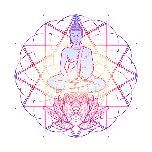 Budda medytacji w jednej pozycji lotosu. Heksagram reprezentujących anahata czakra w jogi na tle. — Wektor stockowy