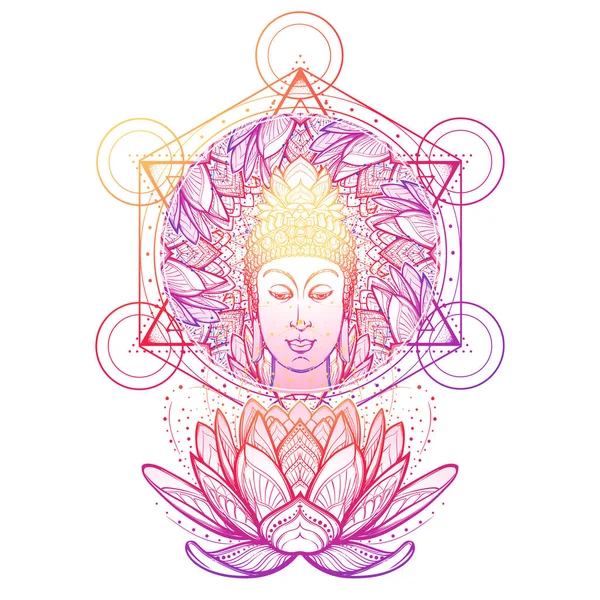 Buda meditando en la posición de loto único. Hexagrama que representa el chakra anahata en yoga sobre un fondo . — Vector de stock