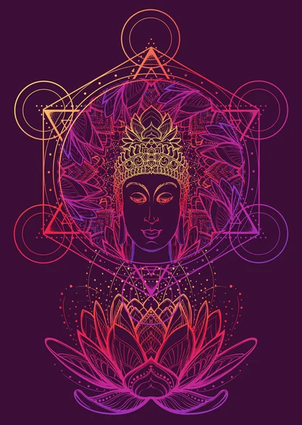 Buda meditando en la posición de loto único. Hexagrama que representa el chakra anahata en yoga sobre un fondo . — Vector de stock