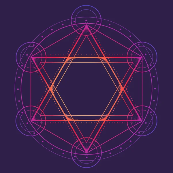 Hexagram omsloten door een cirkel. Multiculturele symbool vertegenwoordigt anahata chakra in yoga en een davidster. Lijntekening geïsoleerd op een diepe violette achtergrond. — Stockvector