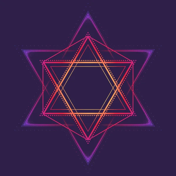 Hexagram. Multiculturele symbool vertegenwoordigt anahata chakra in yoga en een davidster. Lijntekening geïsoleerd op een diepe violette achtergrond. — Stockvector