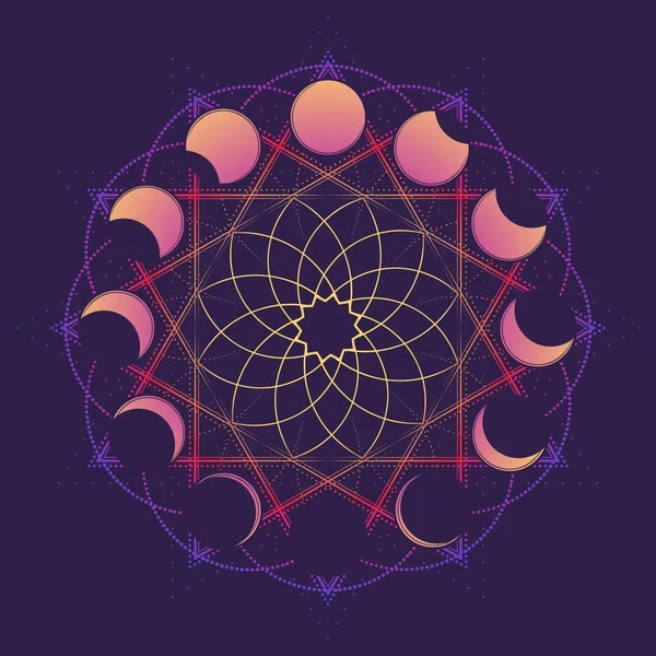 Ornamento circular com lua em diferentes fases. Símbolo de uma deusa branca. Desenho de linha isolado sobre fundo violeta profundo . — Vetor de Stock