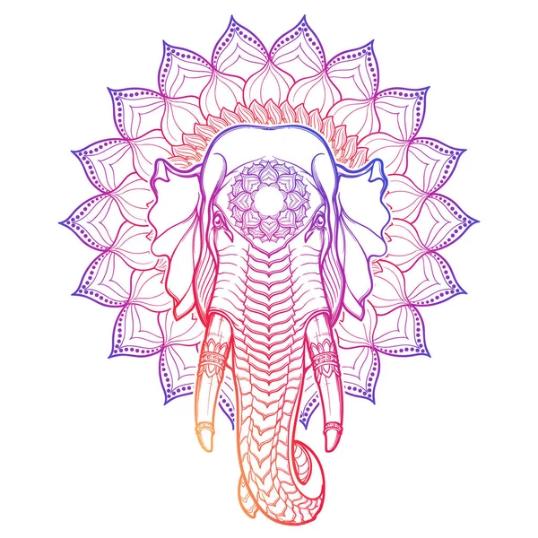 Testa di elefante isolata su una cornice decorativa Lotus. Motivo popolare nelle arti e mestieri asiatici. Disegno a mano intricato isolato su uno sfondo bianco . — Vettoriale Stock