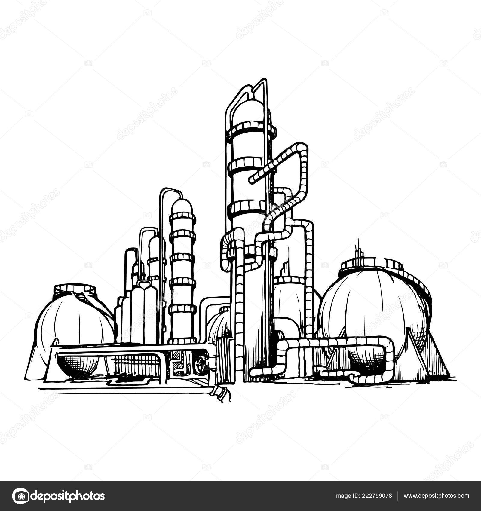 Завод По Производству Нефтепродуктов. Рисунок В Стиле Эскиза На.