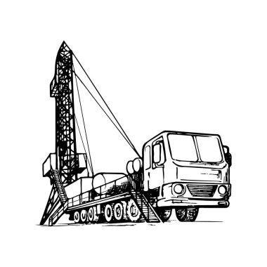 Mobile oil drilling complex. Sketch style drawing isolated on a white background. clipart