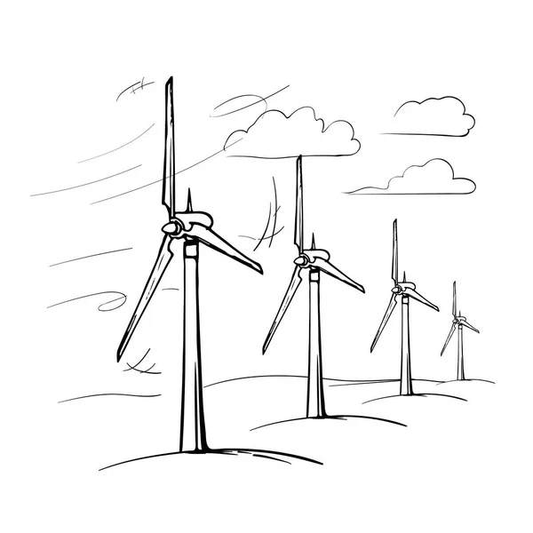 Rüzgar Çiftliği rüzgar jeneratörleri ile yenilenebilir yeşil enerji sağlamak için alana kurulu serisidir. — Stok Vektör