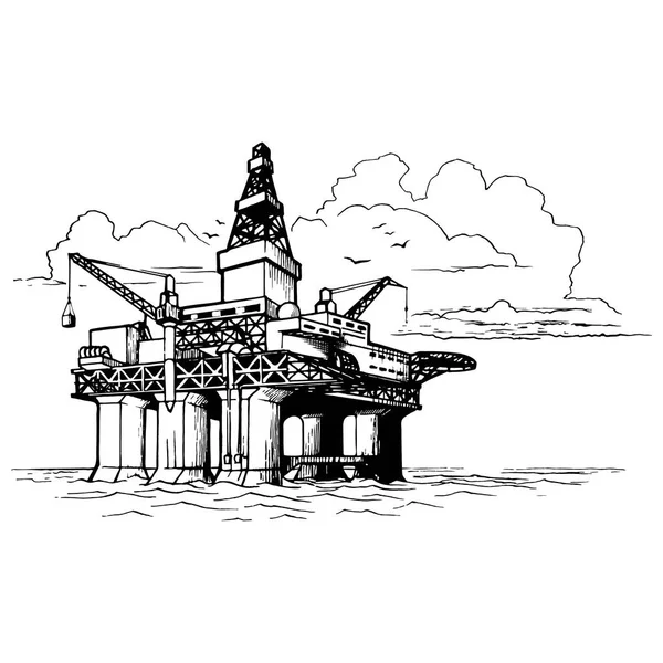 Plataforma de perforación de petróleo en alta mar. Dibujo estilo boceto aislado sobre un fondo blanco . — Vector de stock