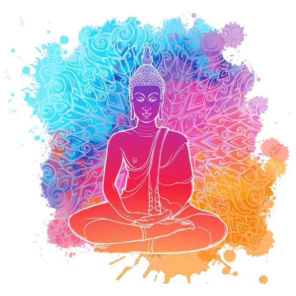 Buddha meditating in the single lotus position. linear drawing Isolated on a bright textured watercolor spot with an intricate thai ornament. — Stock Vector