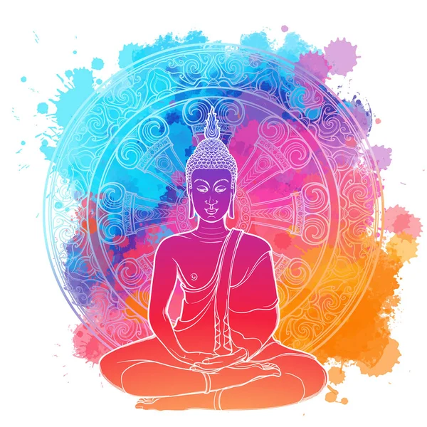 Buddha meditiert in der einzigen Lotusposition. lineare Zeichnung isoliert auf einem hell strukturierten Aquarellfleck mit einem komplizierten thailändischen Ornament. — Stockvektor