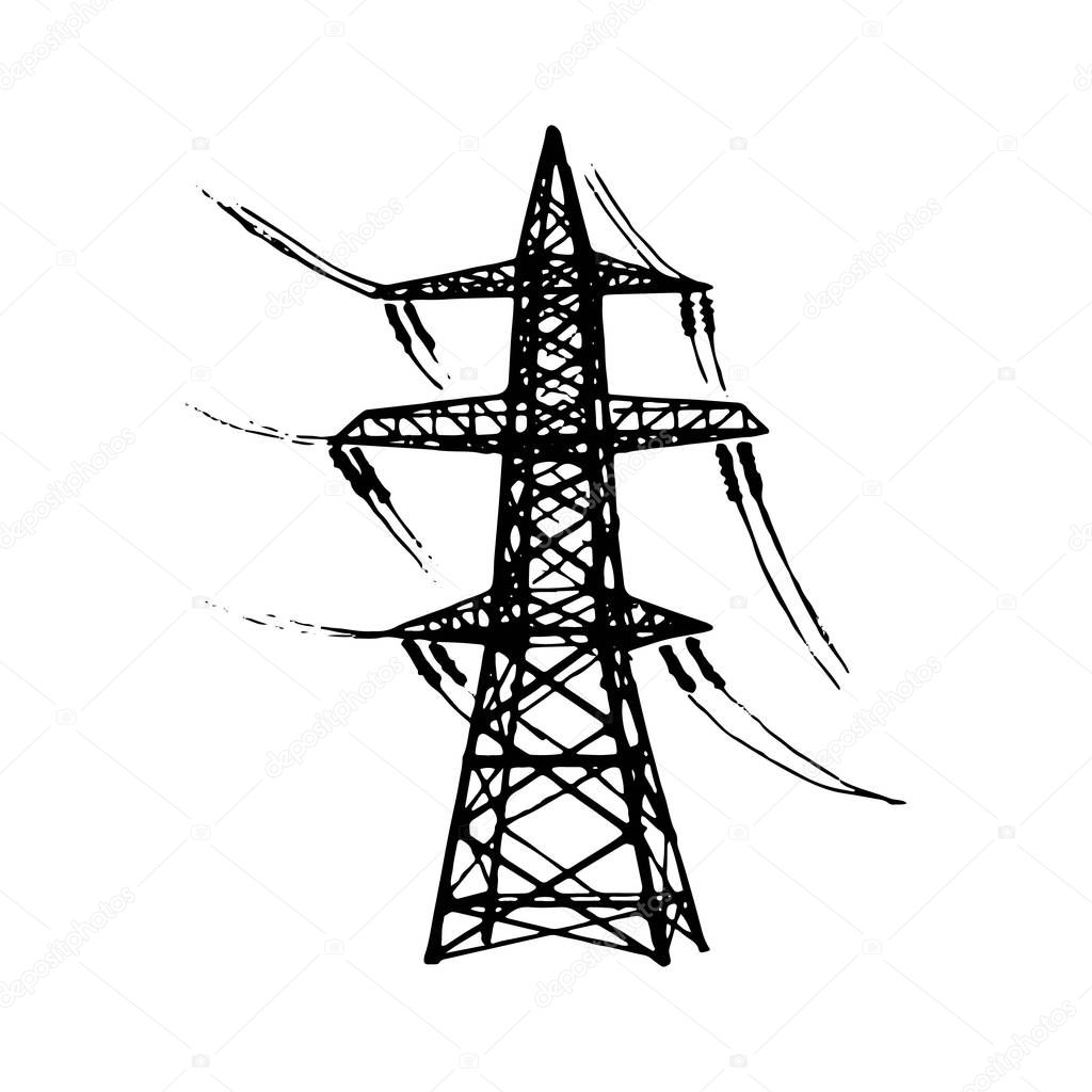 Overhead high voltage transmission line tower.