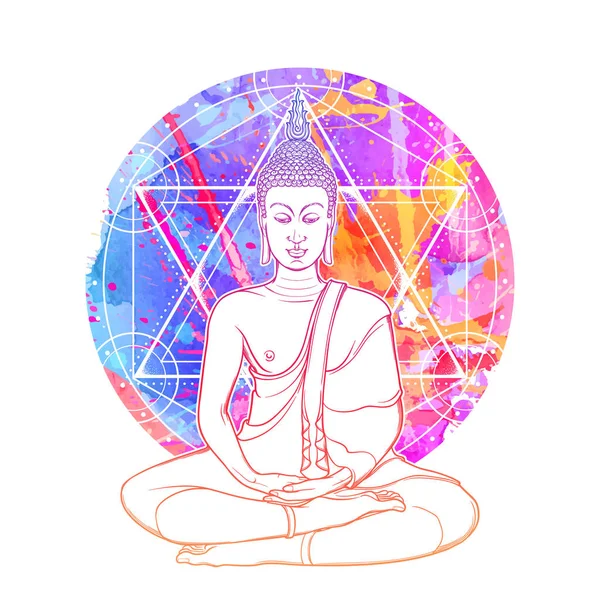 Buddha meditează în poziția de lotus. Hexagram reprezentând chakra anahata în yoga pe fundal . — Vector de stoc