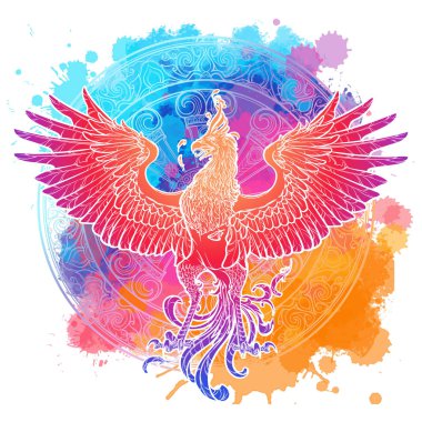 Sketch drawing of Phoenix isolated on watercolor textured background. clipart