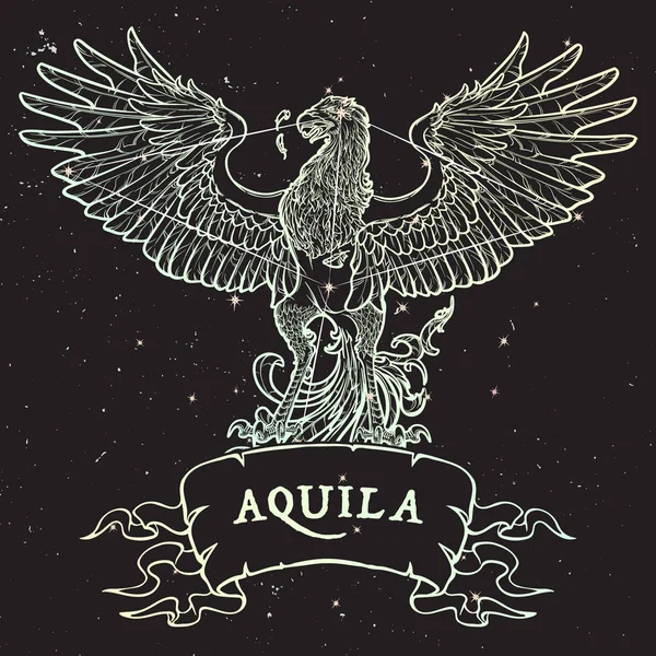 Constelación de Aquila. Águila Negra sentada en una pancarta con un cartel. Dibujo de línea precisa aislado sobre fondo negro del cielo nocturno con estrellas . — Vector de stock