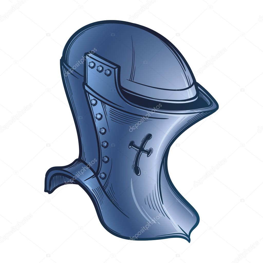 Medieval European helmet belonging to the heaume type. Side view. Heraldry element. Painted sketch isolated on white background.
