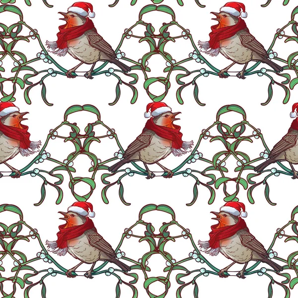 Patrón sin costuras de Navidad. Robin pájaro en un sombrero de Navidad rojo y skarf. Ramitas de muérdago marco decorativo . — Vector de stock