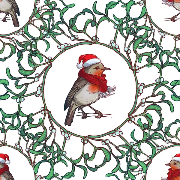 Patrón sin costuras de Navidad. Robin pájaro en un sombrero de Navidad rojo y skarf. Ramitas de muérdago marco decorativo . — Vector de stock