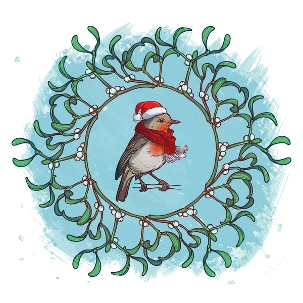 Boże Narodzenie z życzeniami. Robin ptak w red hat Bożego Narodzenia i skarf. Gałązki jemioły ozdobną ramkę. Akwarela teksturowanej tło. — Wektor stockowy