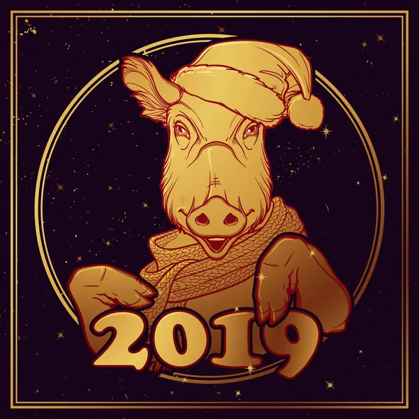Porco bonito com chapéu de Pai Natal e cachecol. Mascote do Ano Novo 2019 de acordo com o calendário do zodíaco chinês . — Vetor de Stock