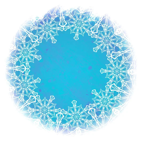 White lacelike elegant snowflakes arranged in a circular frame isolated on a watercolor textured winter background. Greeting card or textile print template. — Stock Vector