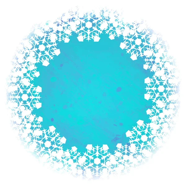 Vita lacelike eleganta snöflingor ordnade i en cirkelformad ram isolerade på en akvarell texturerat vintern bakgrund. Gratulationskort eller textil utskriftsmall. — Stock vektor