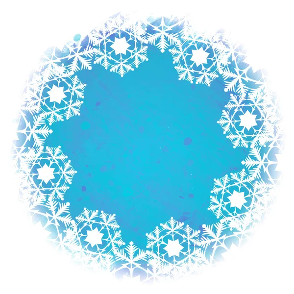 Witte lacelike elegante sneeuwvlokken gerangschikt in een circulaire frame geïsoleerd op een aquarel getextureerde winter achtergrond. Wenskaart of textiel gedrukte sjabloon. — Stockvector