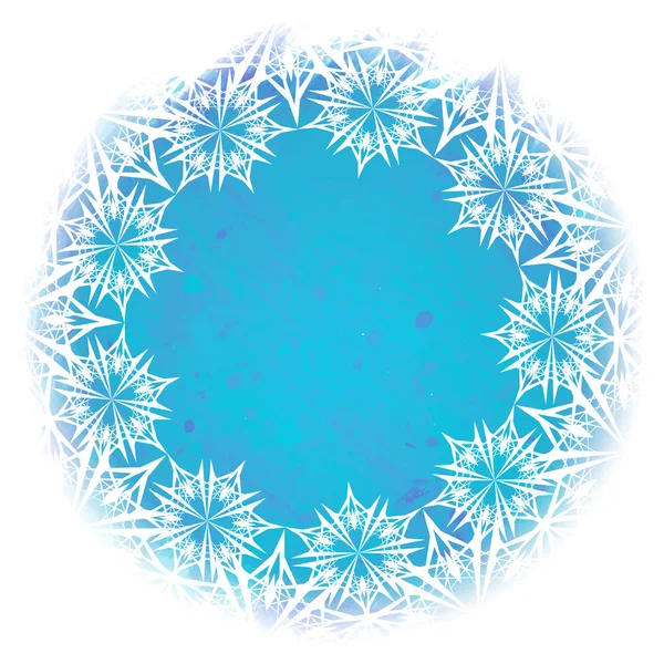 Copos de nieve elegantes lacelike blancos dispuestos en un marco circular aislado en un fondo de invierno con textura acuarela. Tarjeta de felicitación o plantilla de impresión textil . — Vector de stock